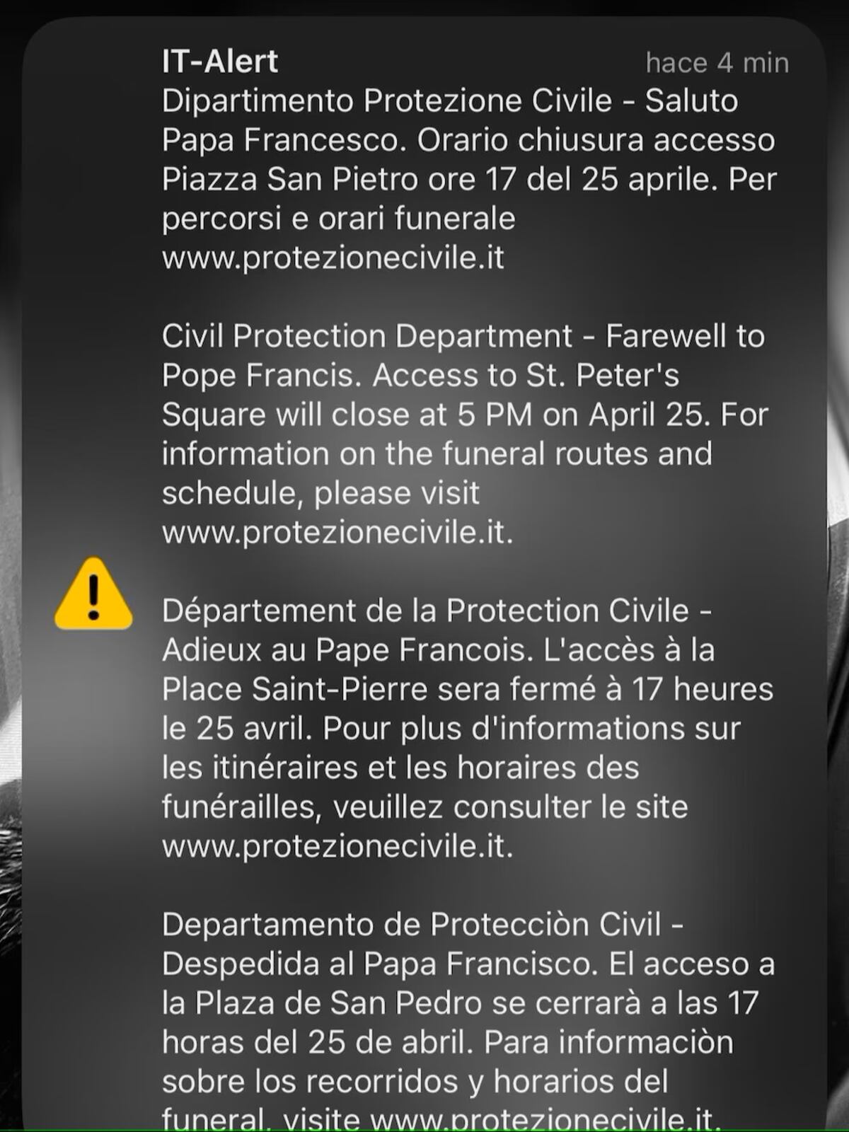 Roma. El mensaje del Departamento de Protección Civil.