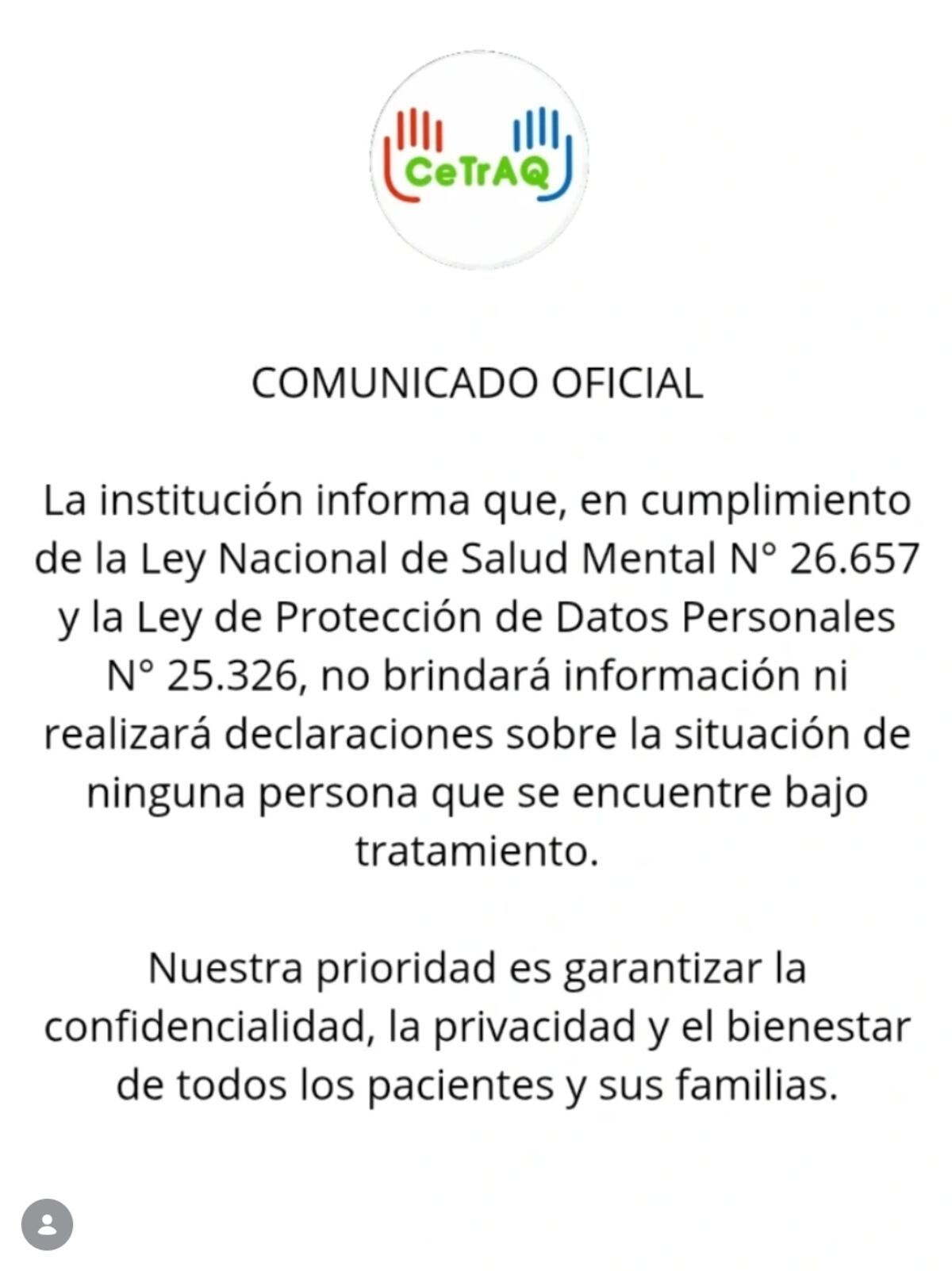 El comunicado que emitió CeTrAQ luego de que trascendiera que Luciano Castro está internado en sus instalaciones. (Foto: Captura de pantalla)