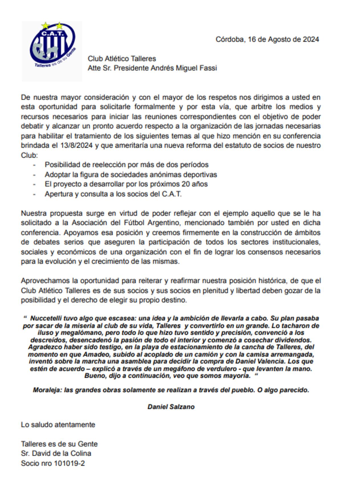 Comunicado del movimiento “Talleres es de Su Gente” le solicitó de manera formal al presidente de Talleres, Andrés Fassi, que arbitre los medios necesarios para habilitar la posibilidad de su reelección como titular del club. (Captura de pantalla)
