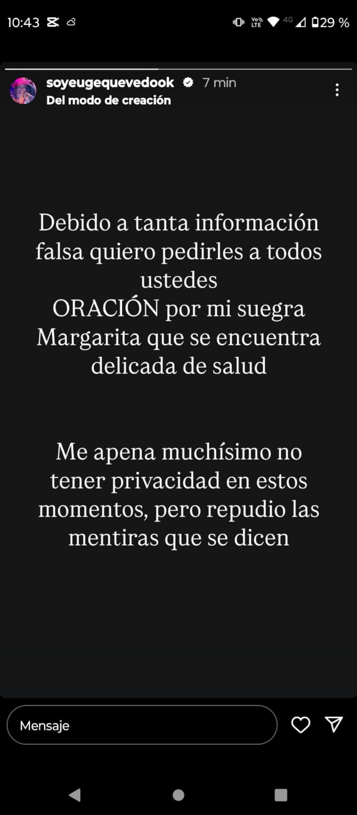 El posteo de Euge Quevedo en sus redes sociales sobre el estado de salud de su suegra.