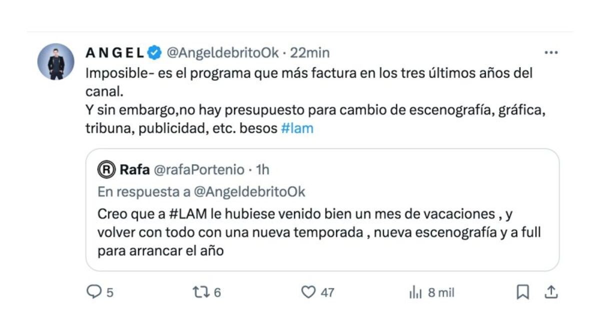Ángel de Brito reveló a un seguidor que a pesar de que LAM es el programa que más recauda, es el menos presupuesto tiene. (Foto: captura de pantalla)