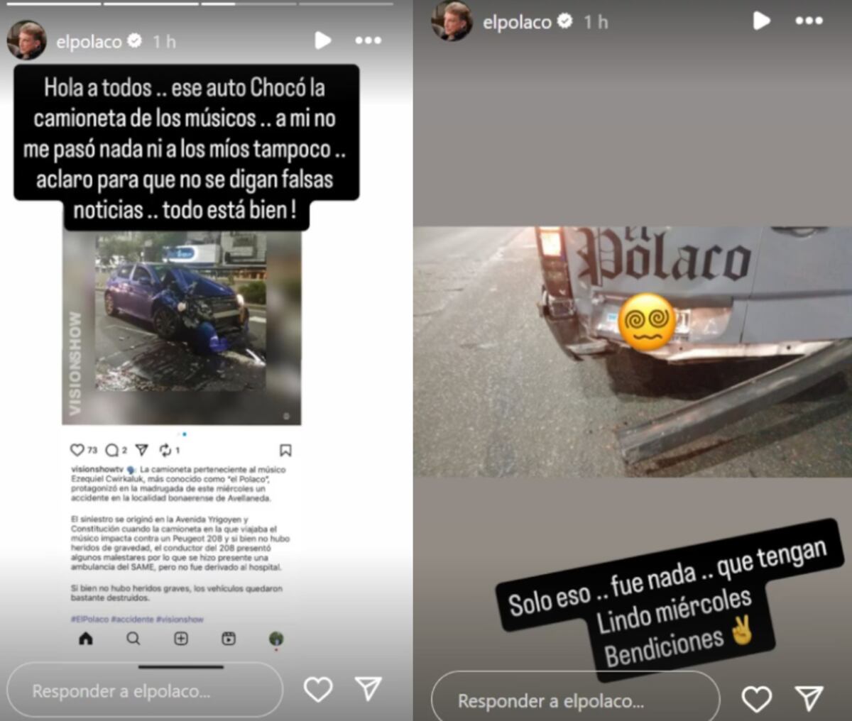 El mensaje que envió el Polaco para aclarar lo del accidente. (Captura)