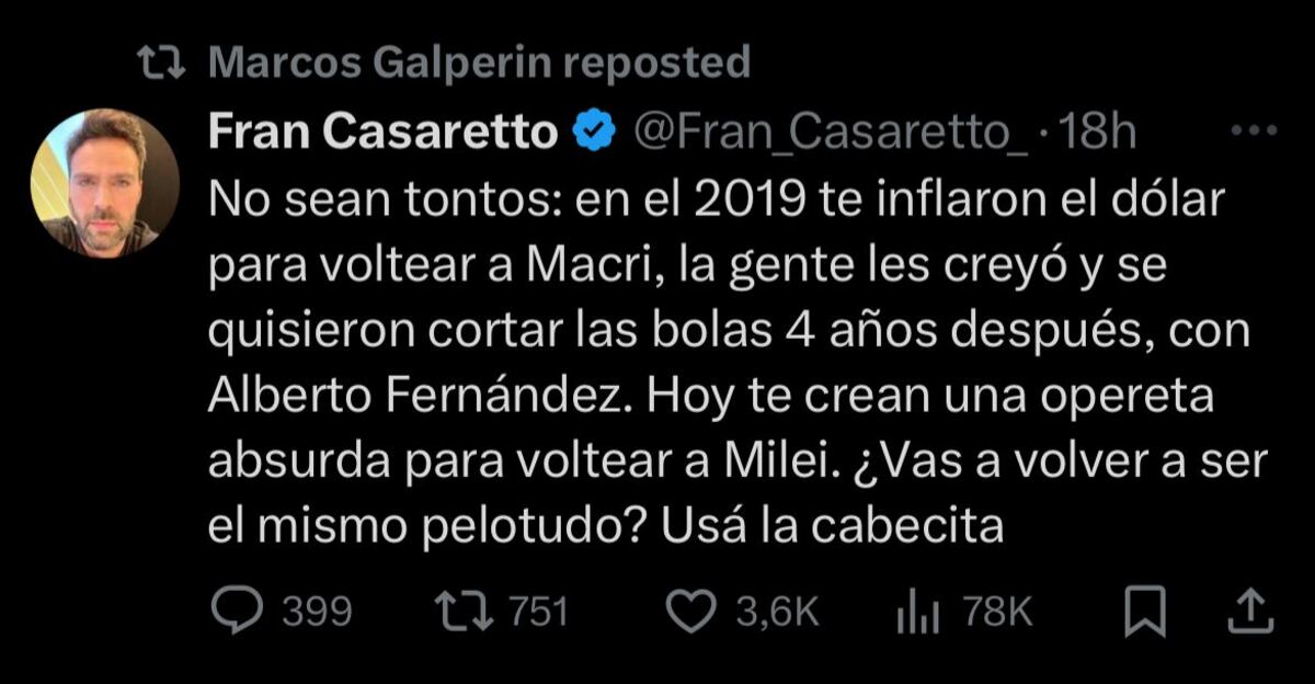 El respaldo de Marcos Galperin al gobierno de Milei en medio de la polémica por los audios en la Andis. (X)