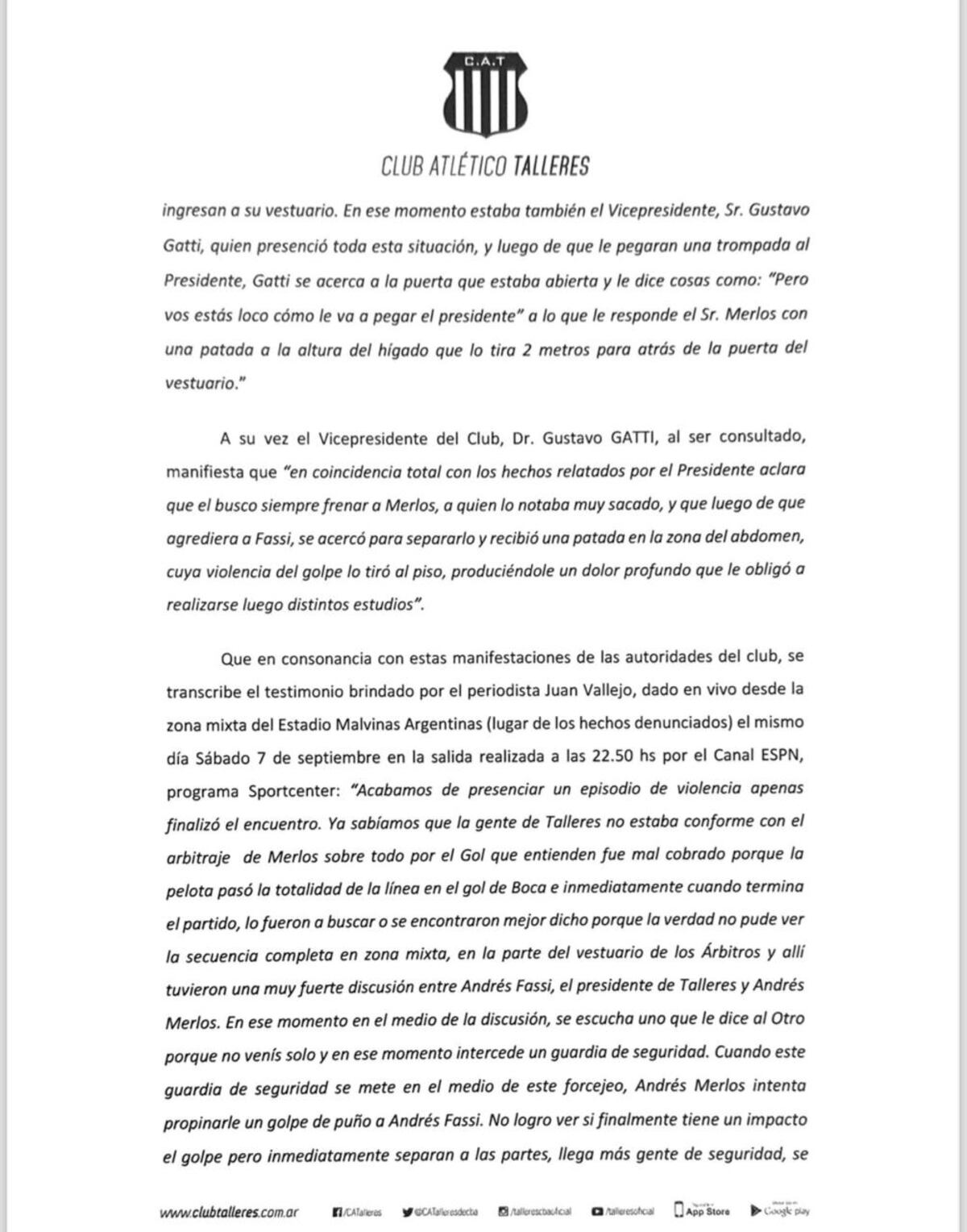 La denuncia de Talleres ante la Justicia.