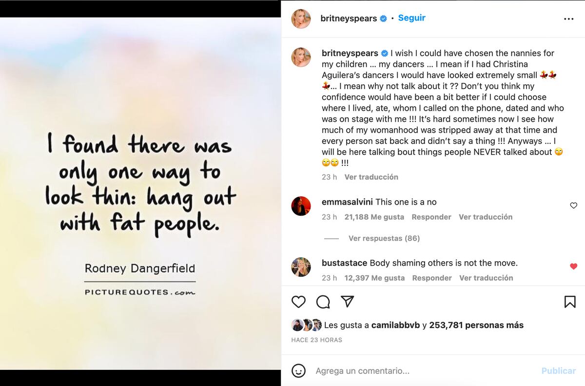 La publicación de Britney Spears sobre Christina Aguilera que causó repudio en redes.