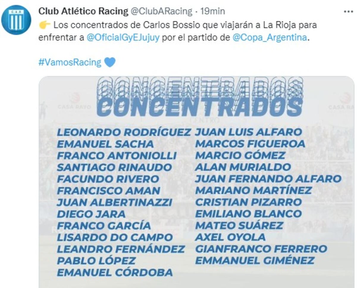El plantel de Racing que irá por más Gloria en Copa Argentina.