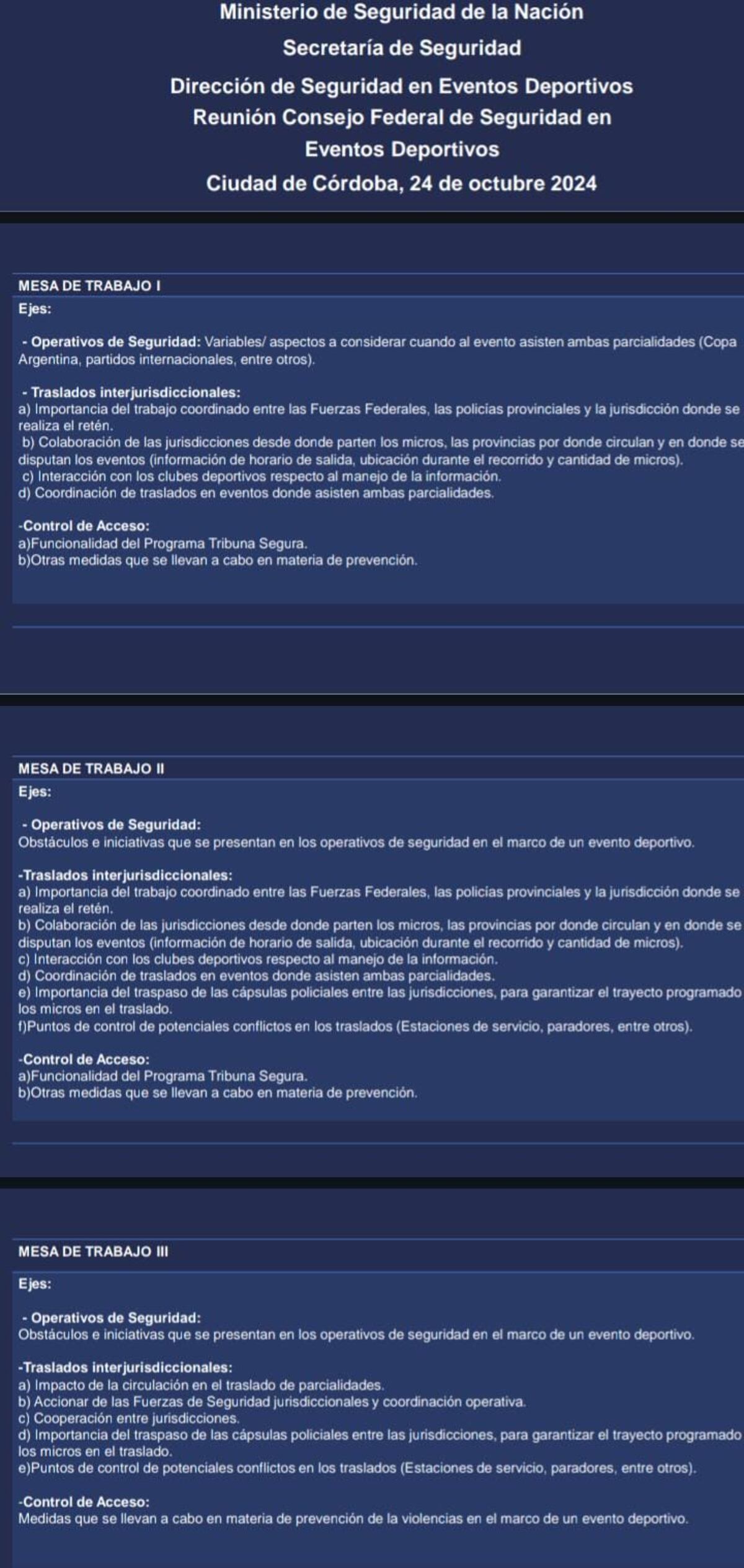 Programa para el acto de cierre de la Primera Reunión del Consejo Federal de Seguridad en Eventos Deportivos.