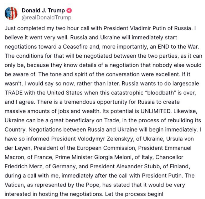 Posteo de Donald Trump en redes sociales anunciando el inicio de negociaciones entre Rusia y Ucrania