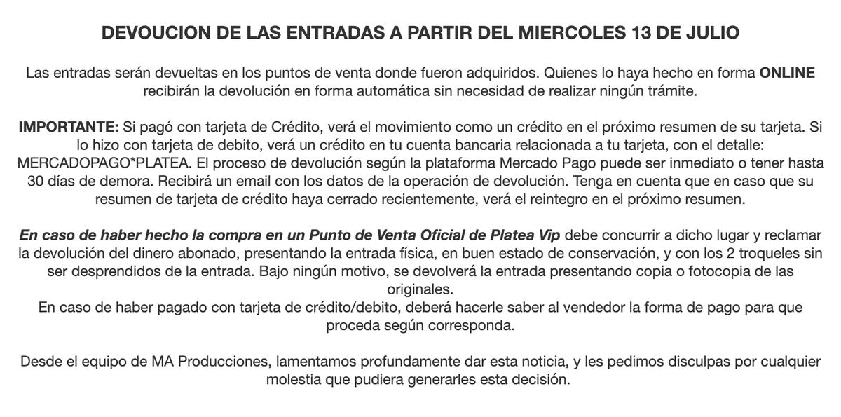 Cómo será la devolución de las entradas, explicado por la productora del evento.