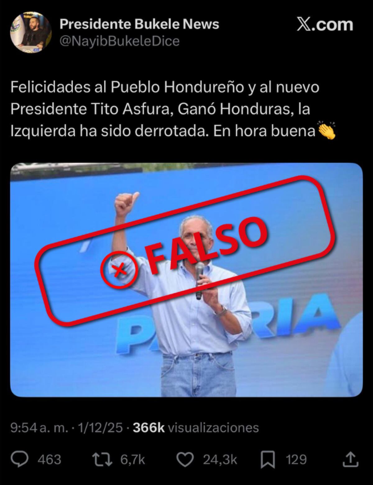 Falso: Nayib Bukele no felicitó a Nasry Asfura como “presidente electo” de Honduras. (La Voz Chequea)