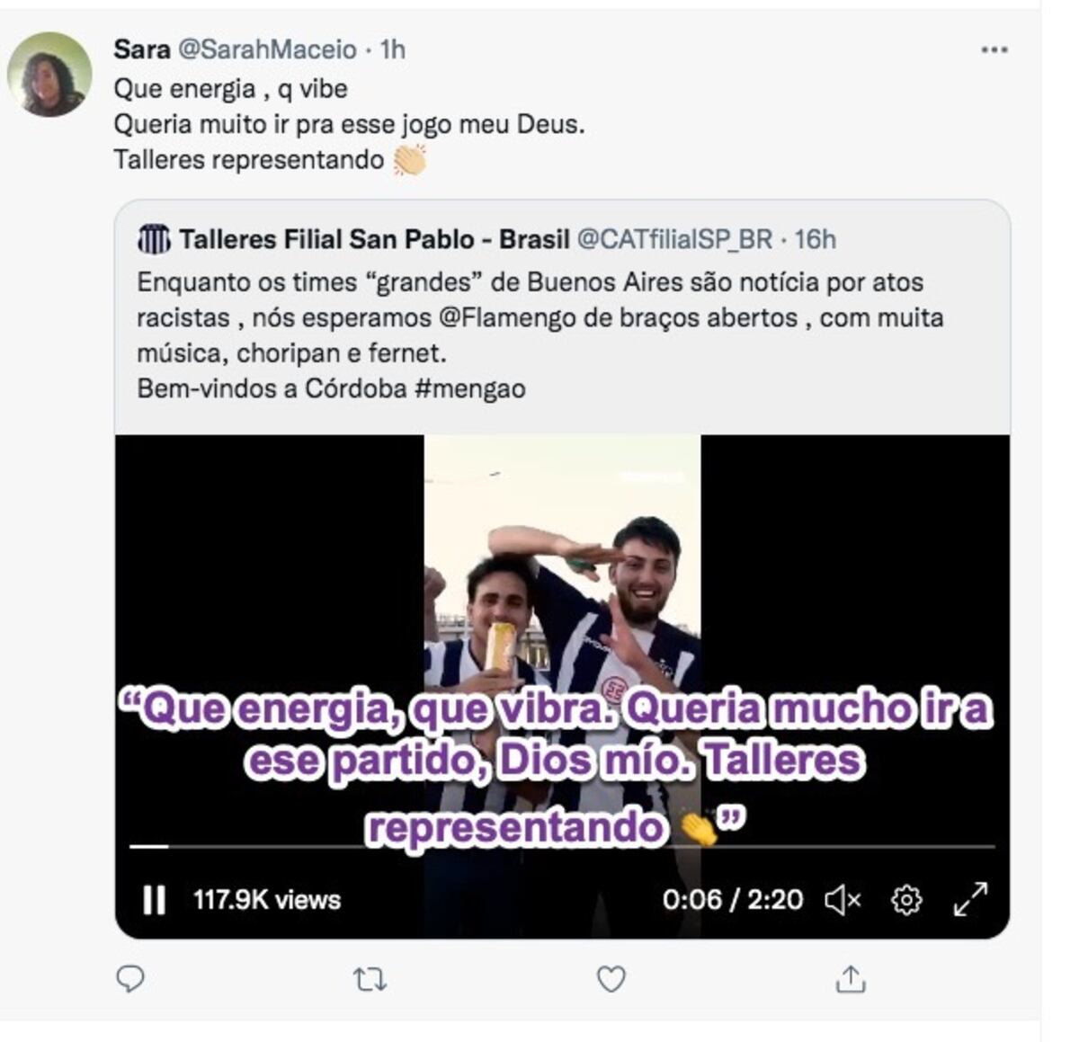 La hinchada de Flamengo elogiando a la de Talleres en redes sociales.