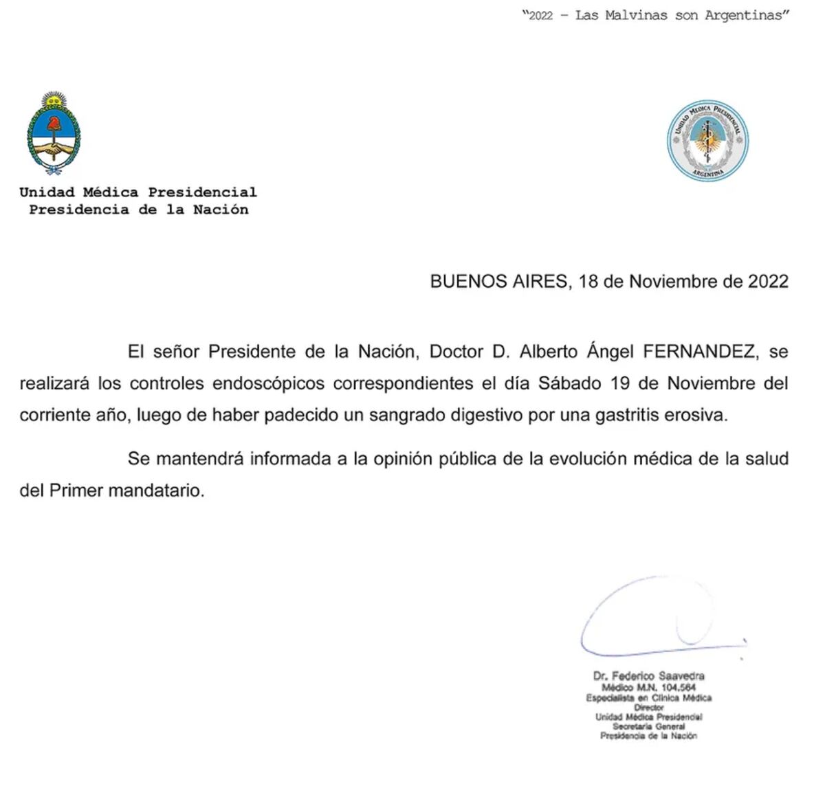 El comunicado de la Unidad Médica Presidencial.