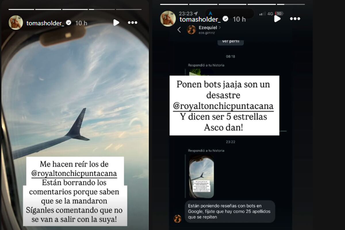 Tomás Holder y sus denuncias a un hotel de Punta Cana. Foto: Instagram.