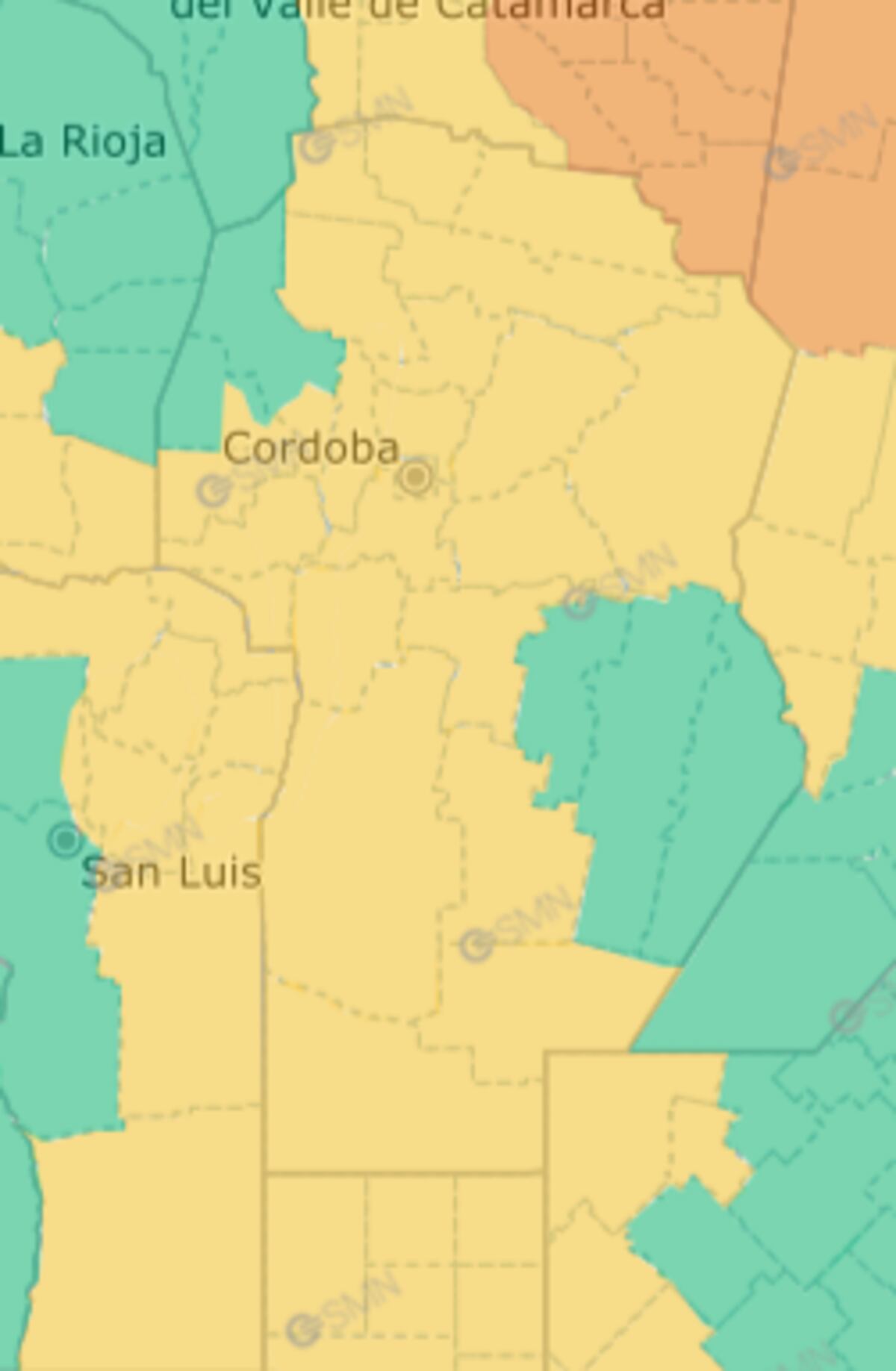 Mapa de alerta amarilla para Córdoba este sábado 20 y domingo 21 de diciembre (SMN)