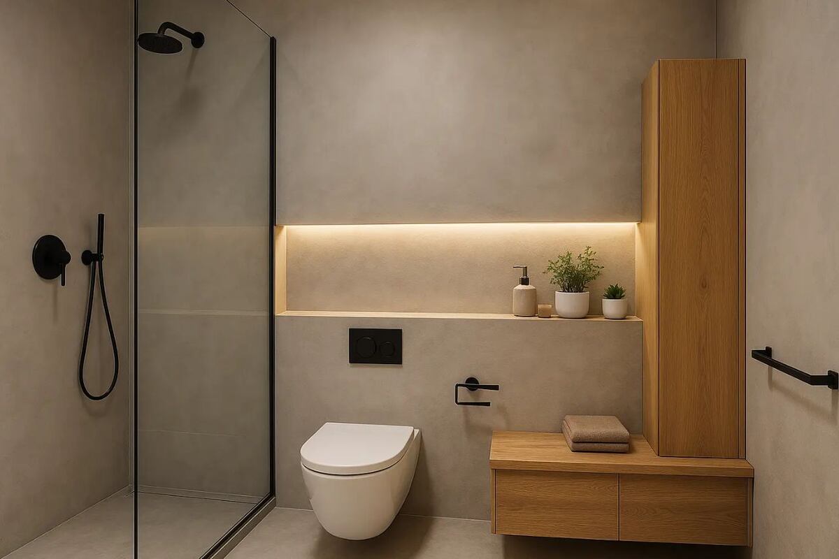 La combinación de madera con cerámica, piedra o microcemento genera equilibrio visual y refuerza la estética de spa en los baños contemporáneos.