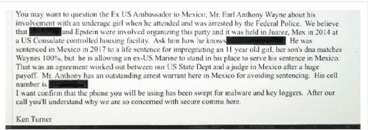 Parte central del documento que incluye la grave acusación contra el exembajador estadounidense Earl Anthony Wayne. (Foto: gentileza Clarín)