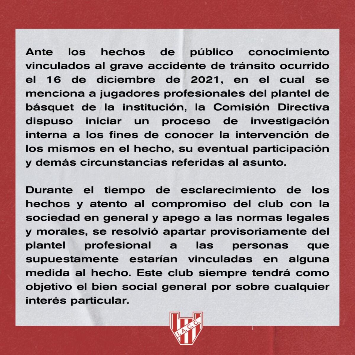 Instituto emitió un comunicado refiriéndose a los hechos de público conocimiento que involucran a tres jugadores del club. (Prensa IACC)