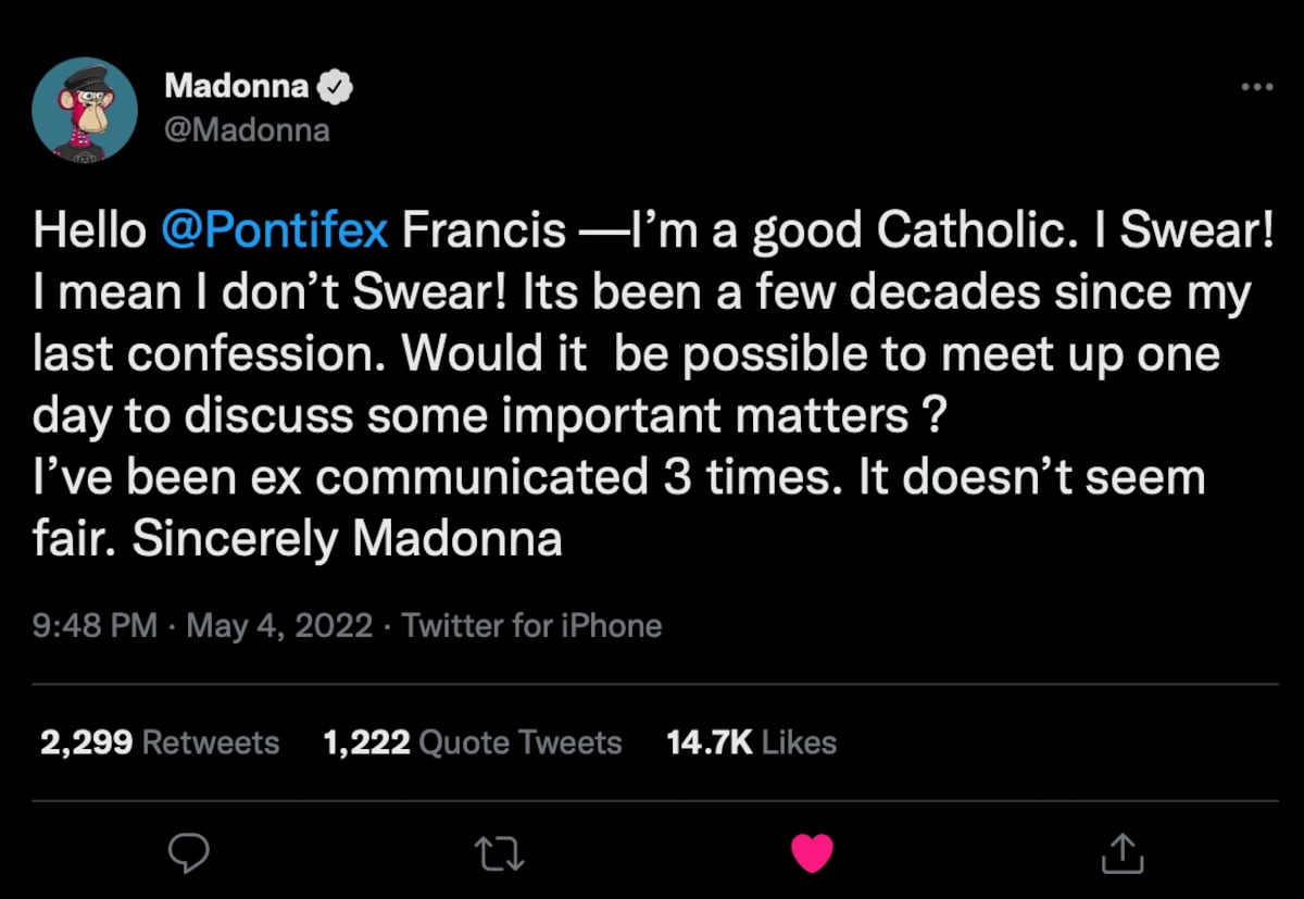 El tuit que Madonna le escribió al Papa Francisco.