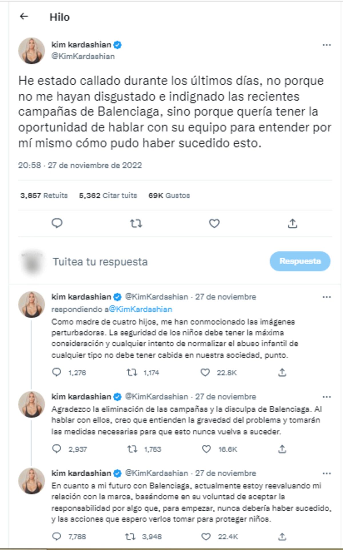 Tuits de Kim Kardashian tras la polémica de Balenciaga. (Capturas de Twitter @kimkardashian)