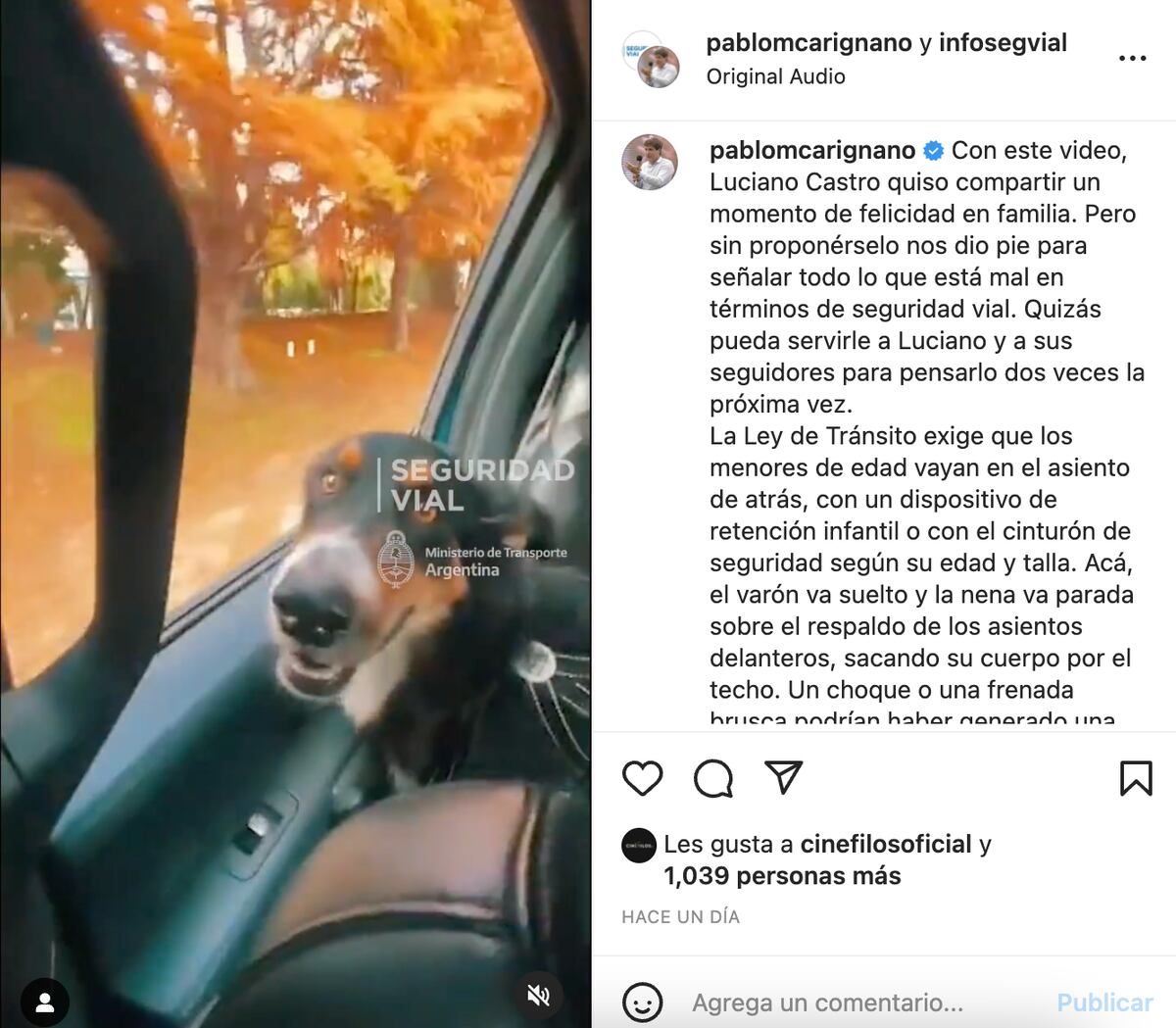 La publicación de Pablo M. Carignano sobre el video de Luciano Castro.