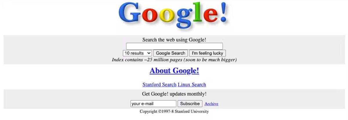 Portada del prototipo de Google el 11 de noviembre de 1998, cuando el buscador todavía estaba alojado en la web de la Universidad de Stanford. Archive.org