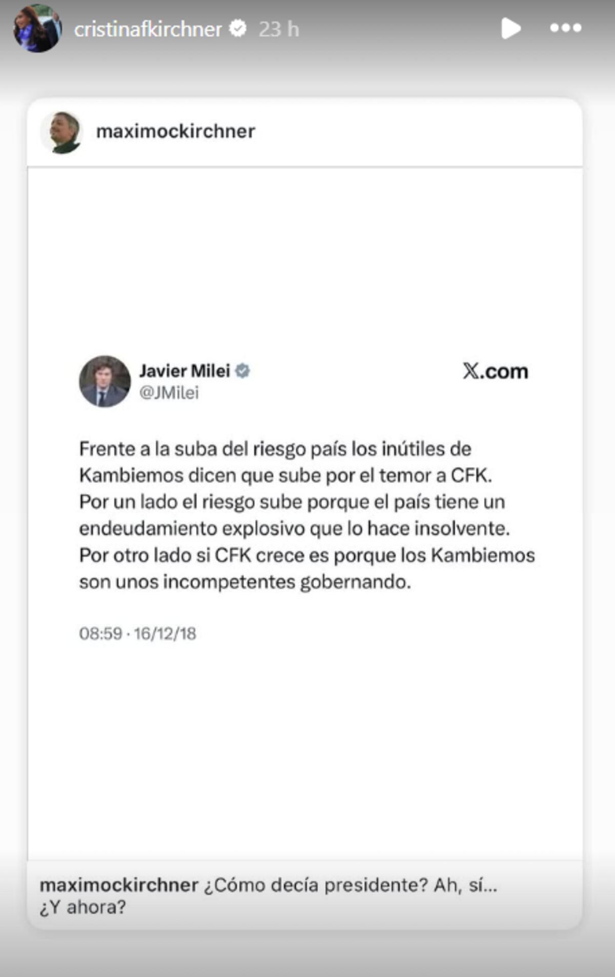Cristina publicó en sus historias un posteo del 2018 de Milei sobre la suba del riesgo país.