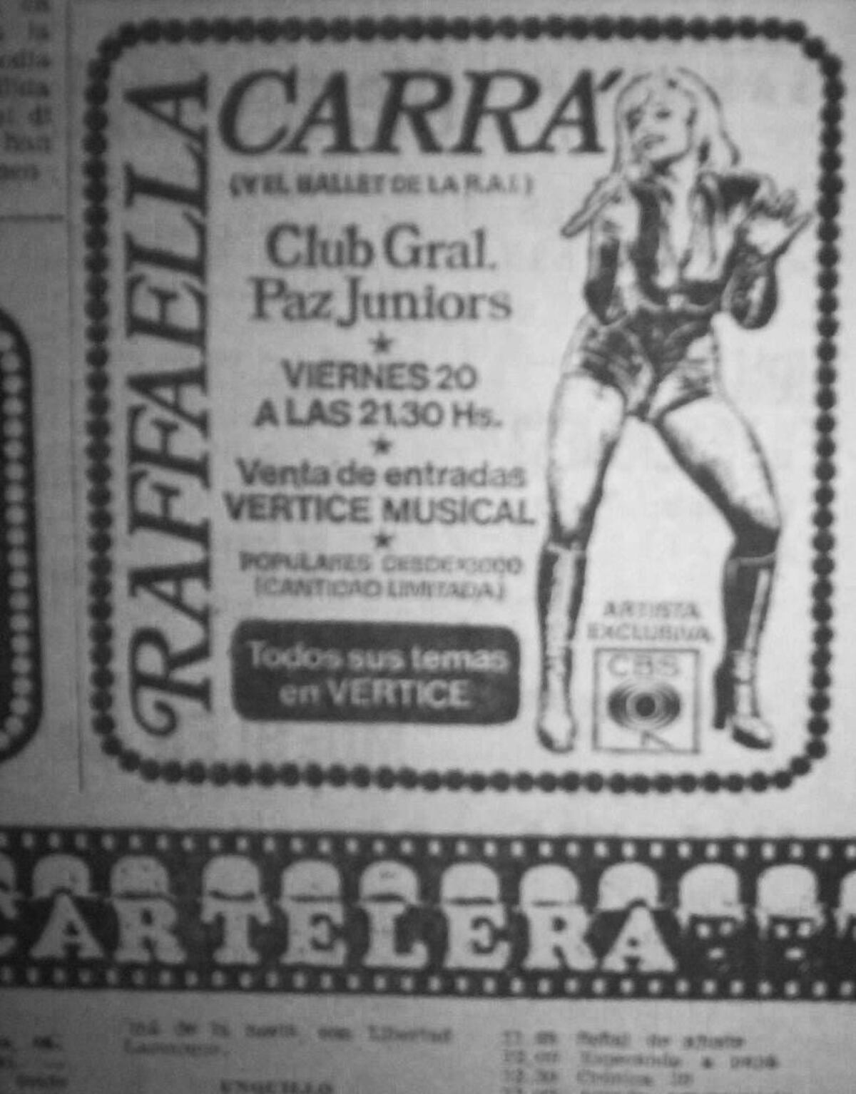 Aviso de La Voz del interior en el que se anunciaba el debut de Raffaella Carrá en Córdoba. (La Voz/ Archivo)