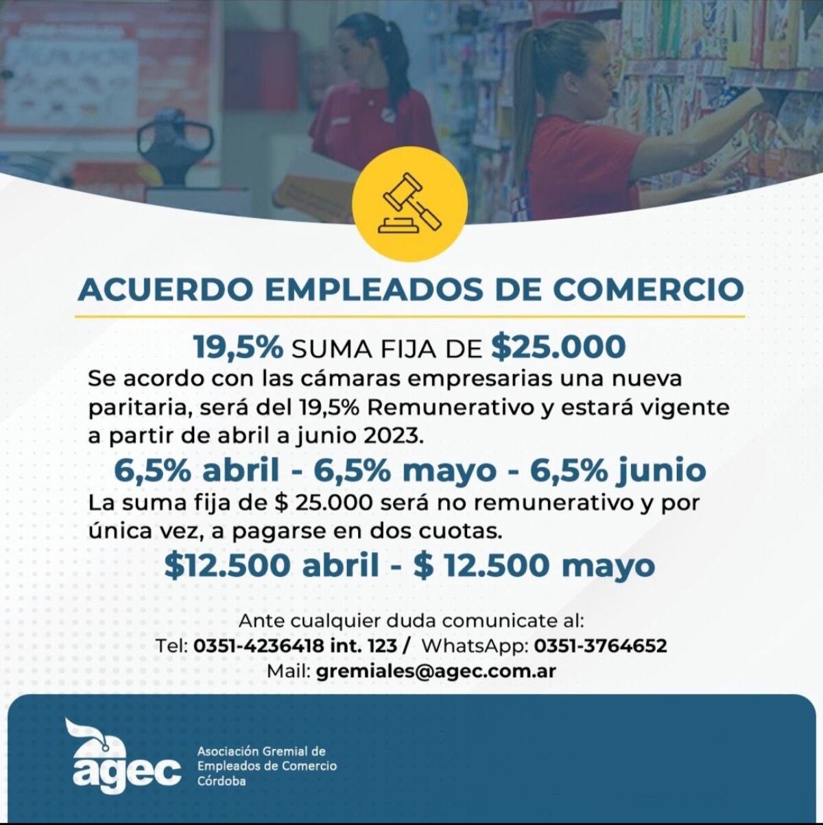 Empleados de comercio. Aumentos para los haberes de junio. (Agec)