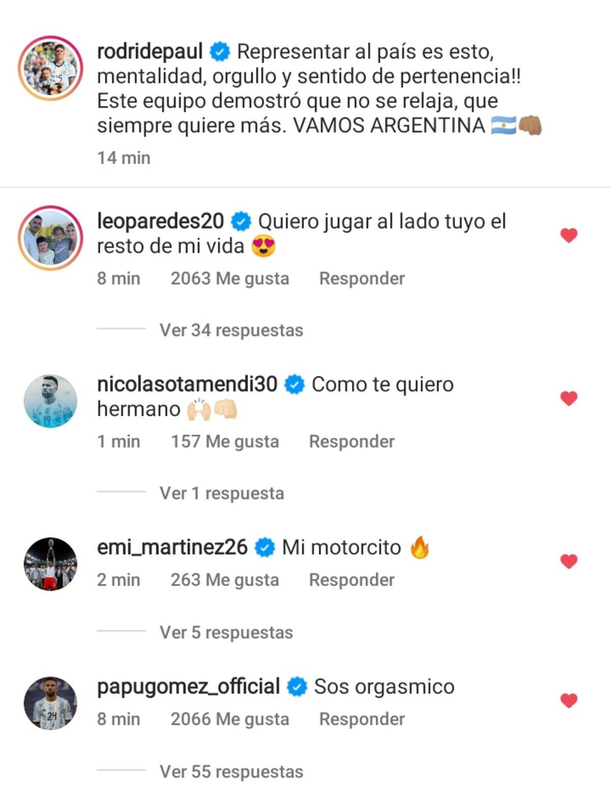El posteo de "Dibu" Martínez y las respuestas de sus compañeros en Instagram. Tremenda onda. (Instagram).