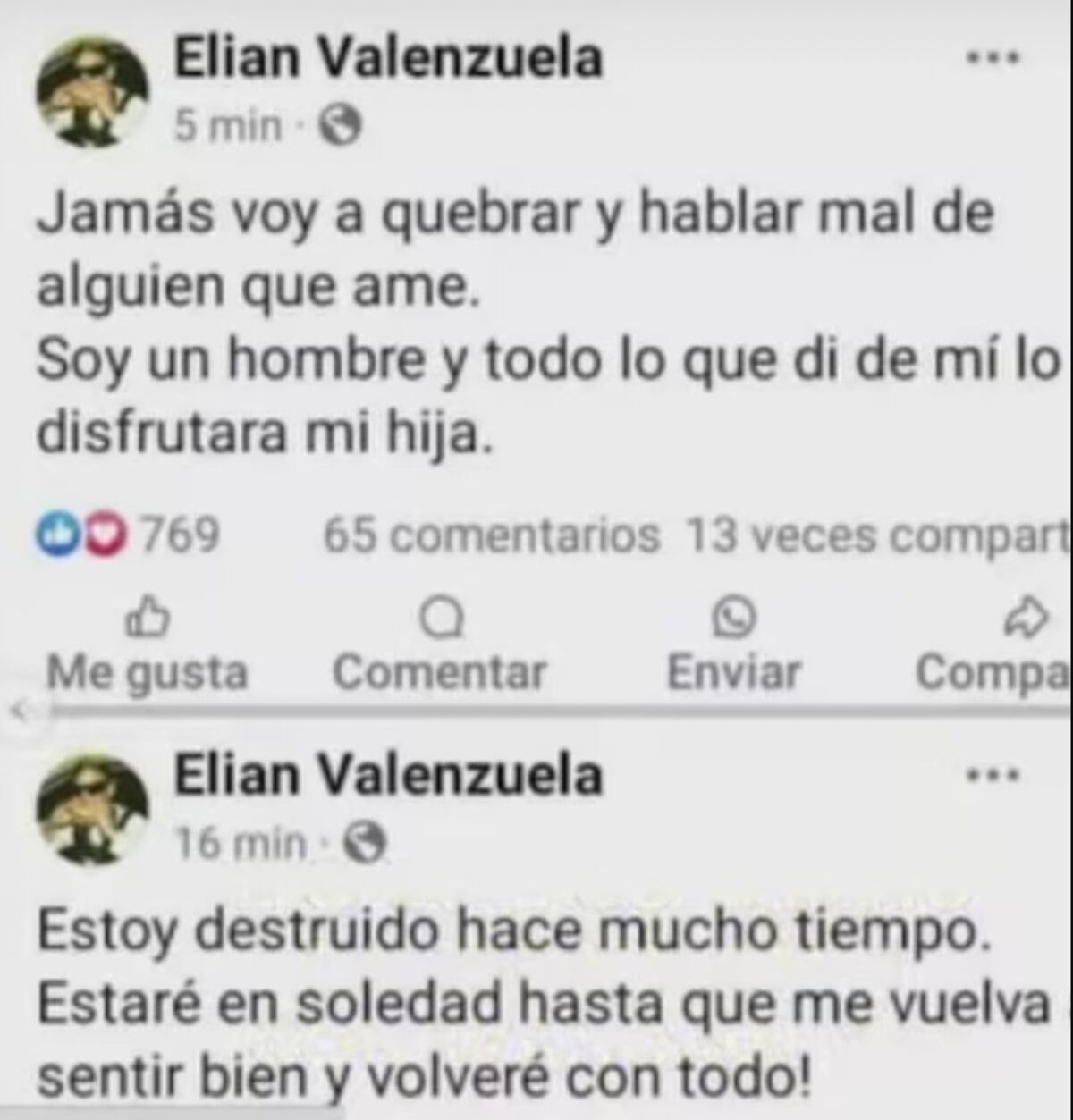 Uno de los preocupantes mensajes que L-Gante compartió en su cuenta de Facebook. (Foto: captura de pantalla)