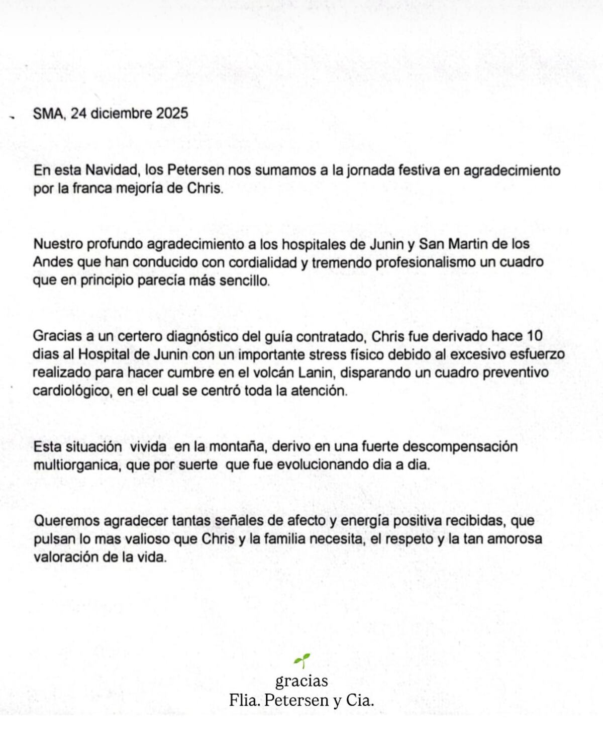 El parte médico de Christian Petersen que publicó su familia en Instagram en Navidad (Captura de pantalla)
