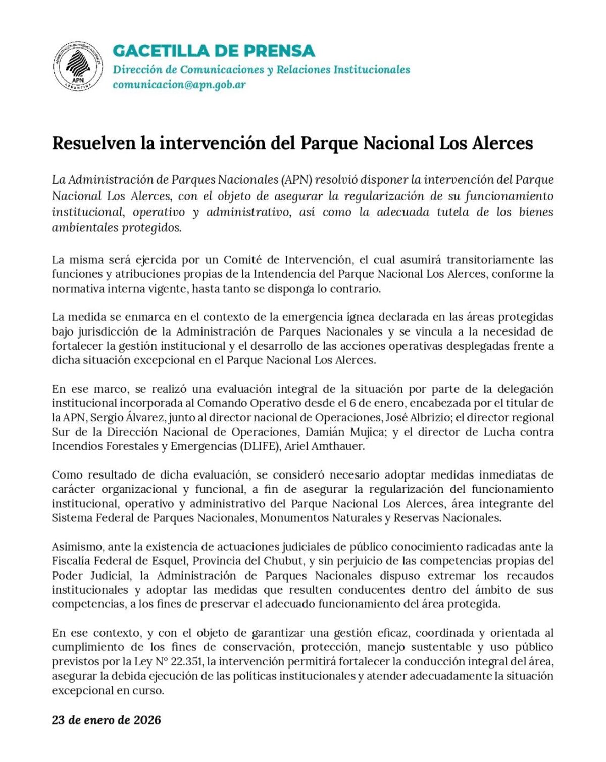 Resuelven la intervención del Parque Nacional Los Alerces. (@ParquesOficial)