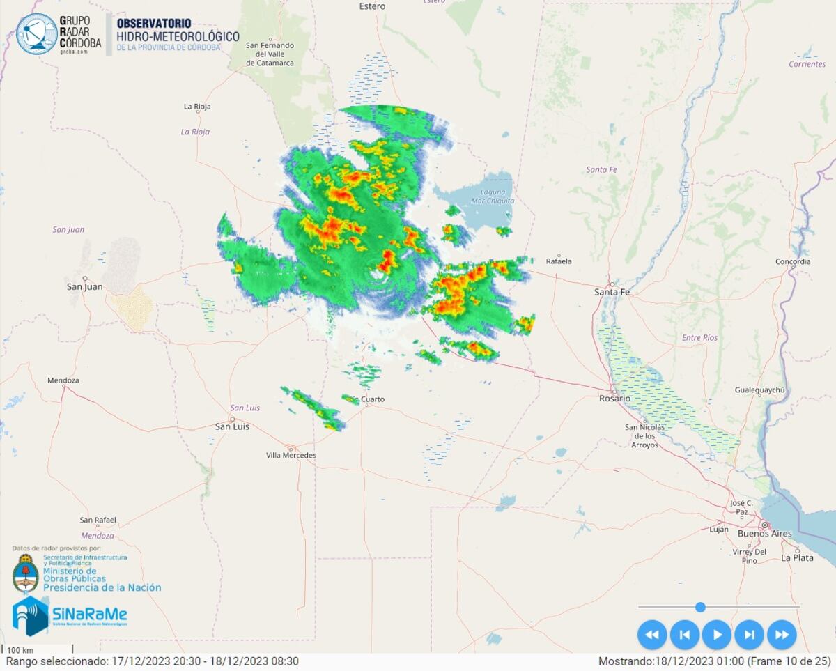 Modelo de pronóstico meteorológico (WRF) que se ejecuta en la UNC y que mostraba como serian las precipitaciones en la madrugada del lunes. (OHMC)