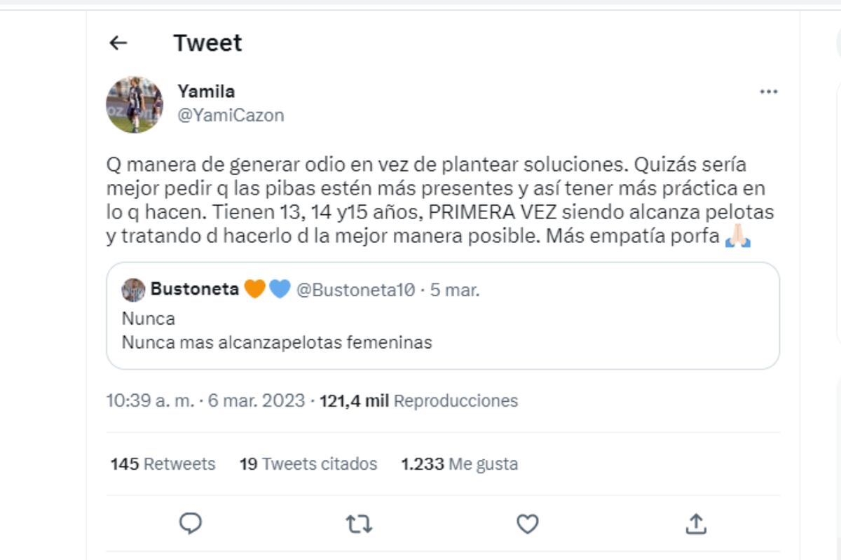 Yamila Cazón, capitana de Talleres, salió en defensa de las alcanzapelotas (Twitter)