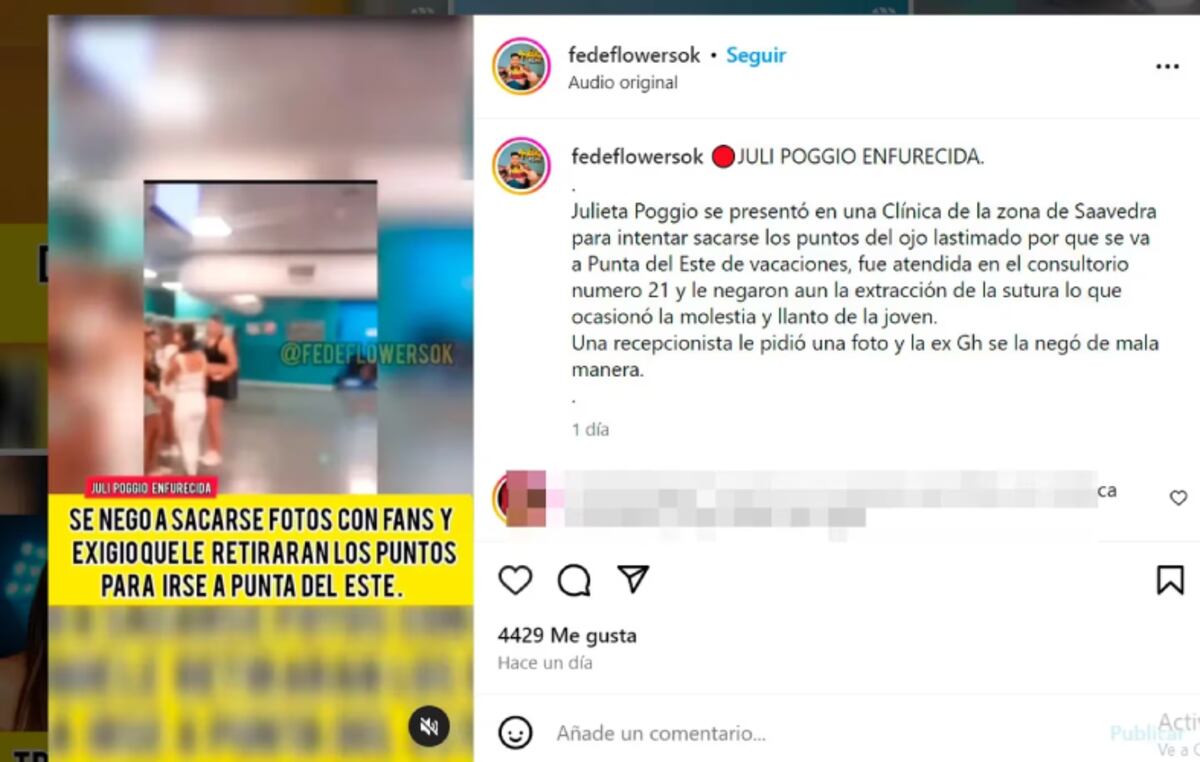 Julieta Poggio en el hospital. (Captura: @fedeflowersok)