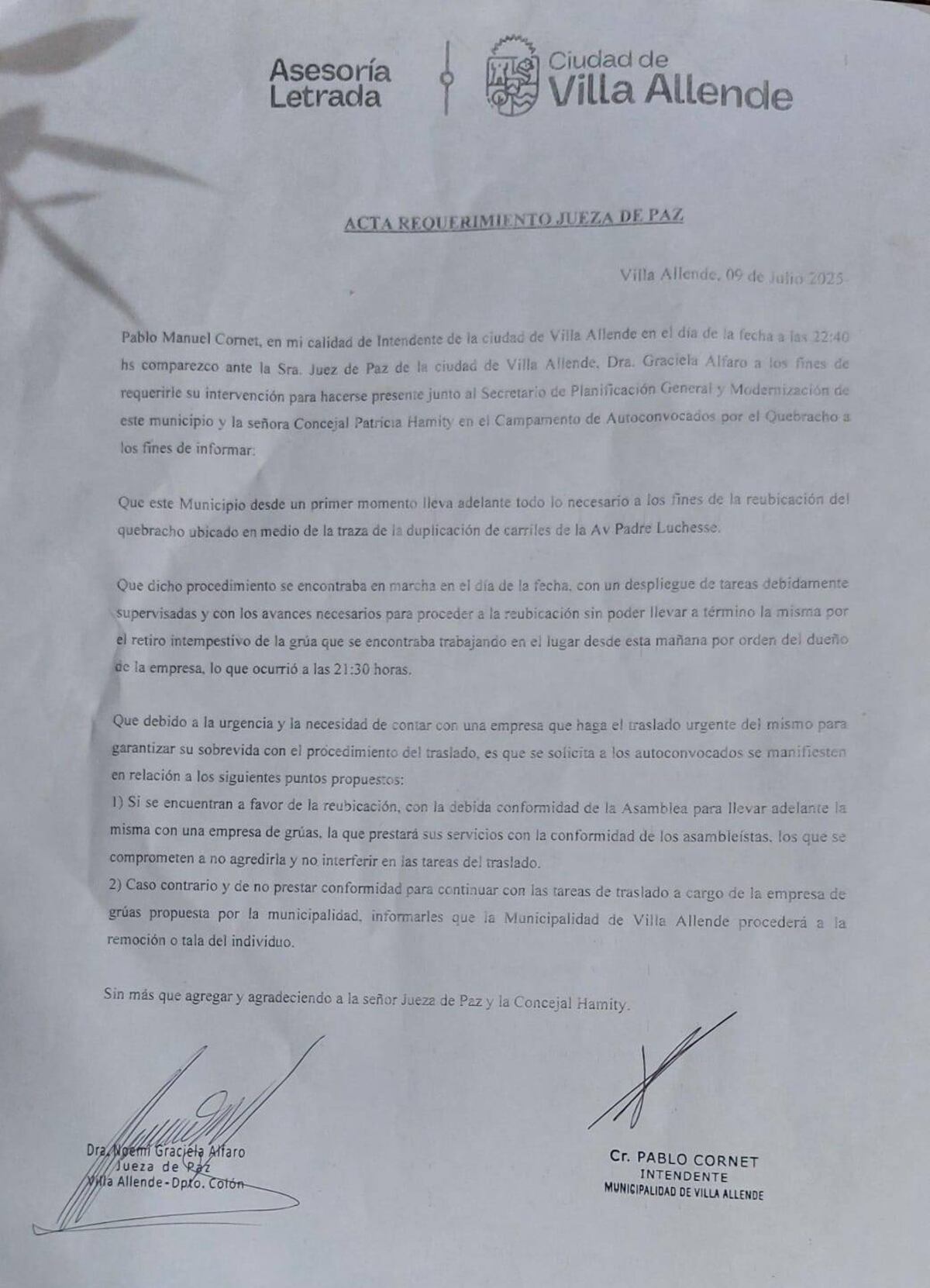 La nota con la firma del intendente Pablo Cornet enviada a los vecinos autoconvocados.