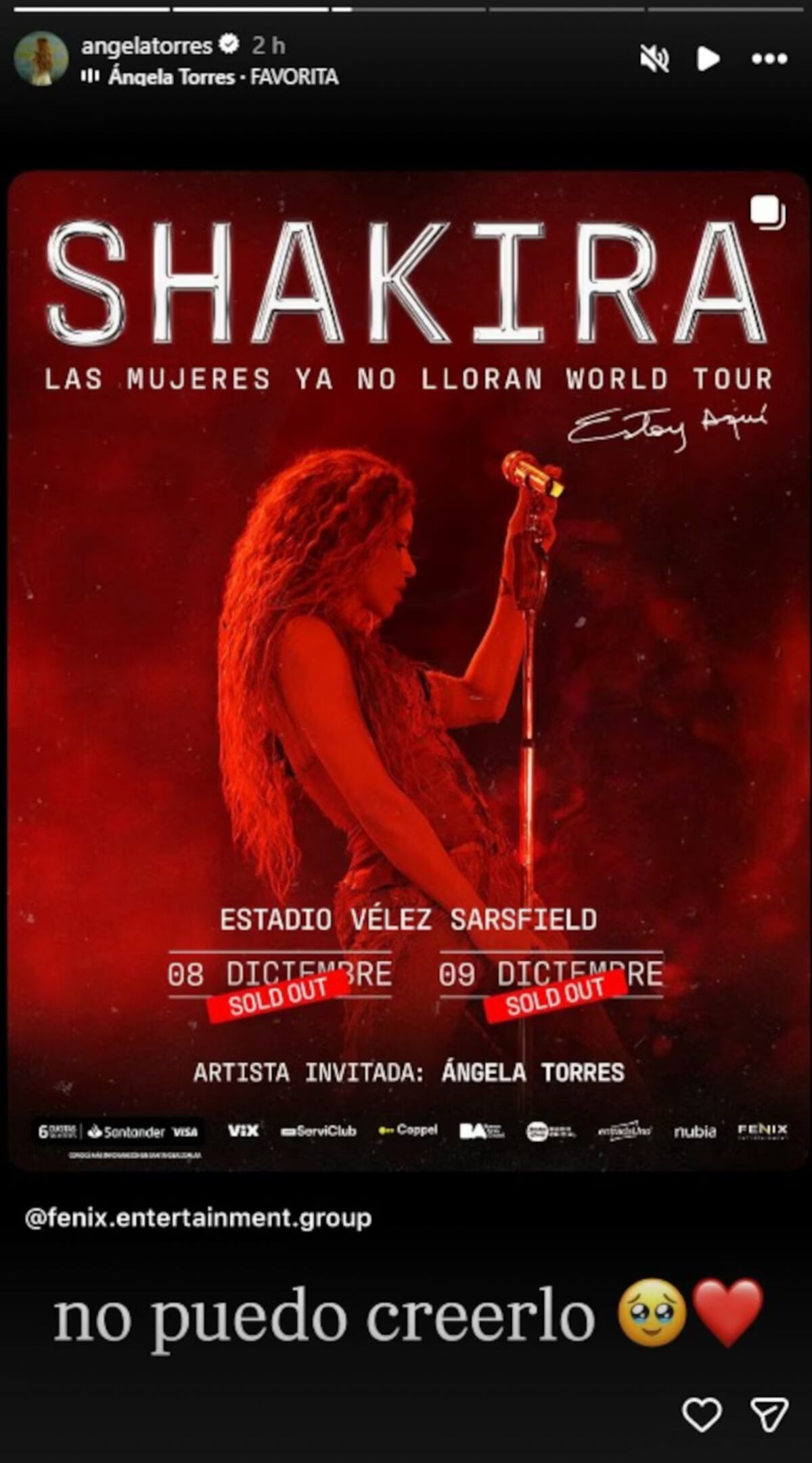 Así anunció Ángela Torres en sus redes que será telonera de Shakira en Vélez. (Foto: captura de pantalla)