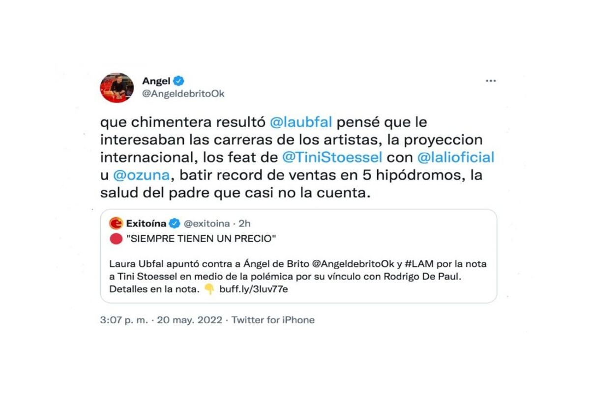 El tuit que respondió De Brito enojado (Captura de pantalla).