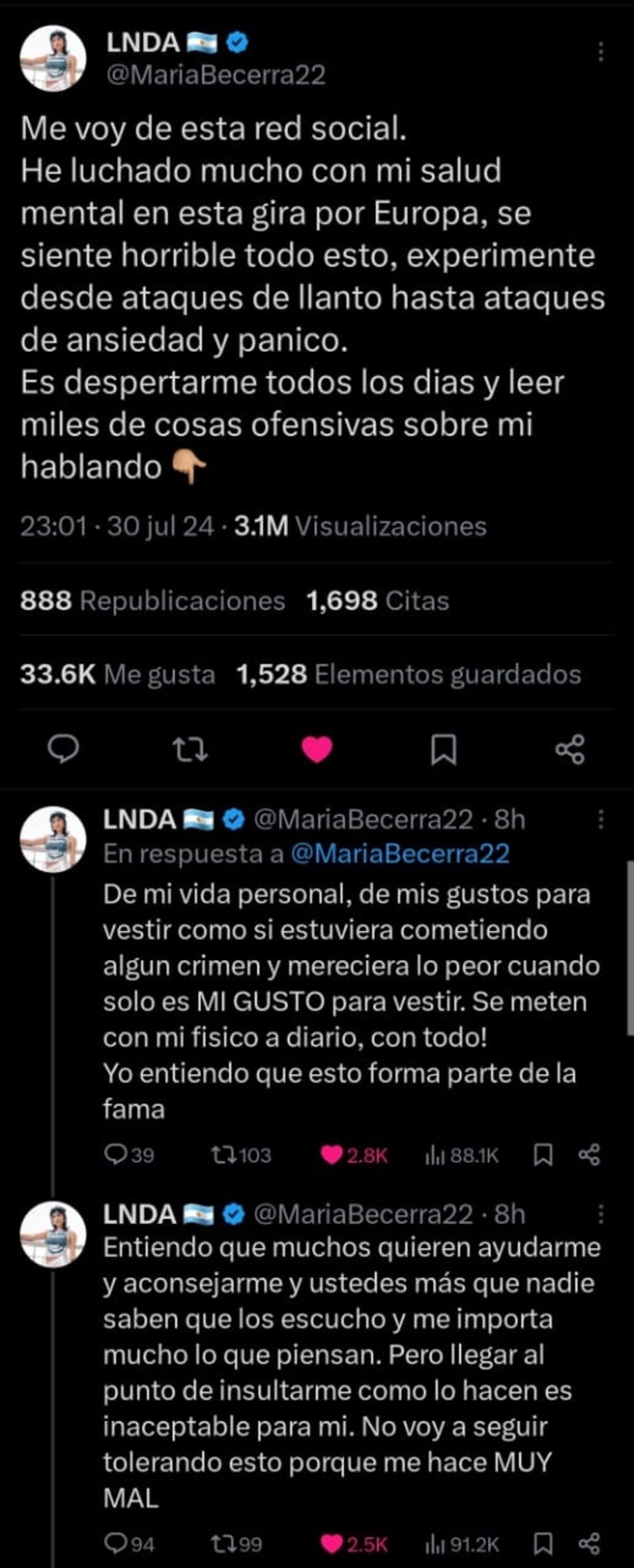 El descargo de María Becerra en X (Captura de pantalla)