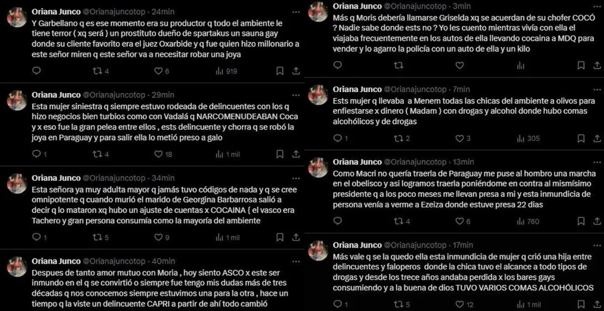 Los tuits de Oriana Junco contra Moria. (Captura)
