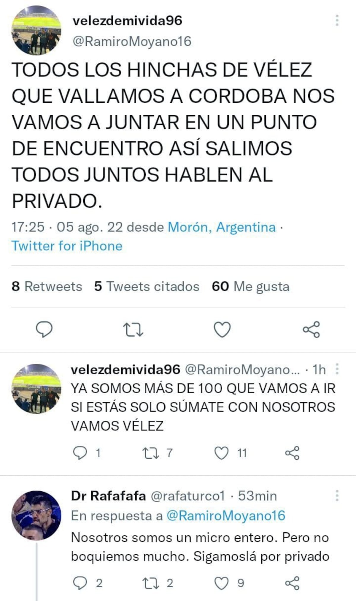 Hinchas de Vélez en redes sociales organizando estar en Córdoba para la revancha.
