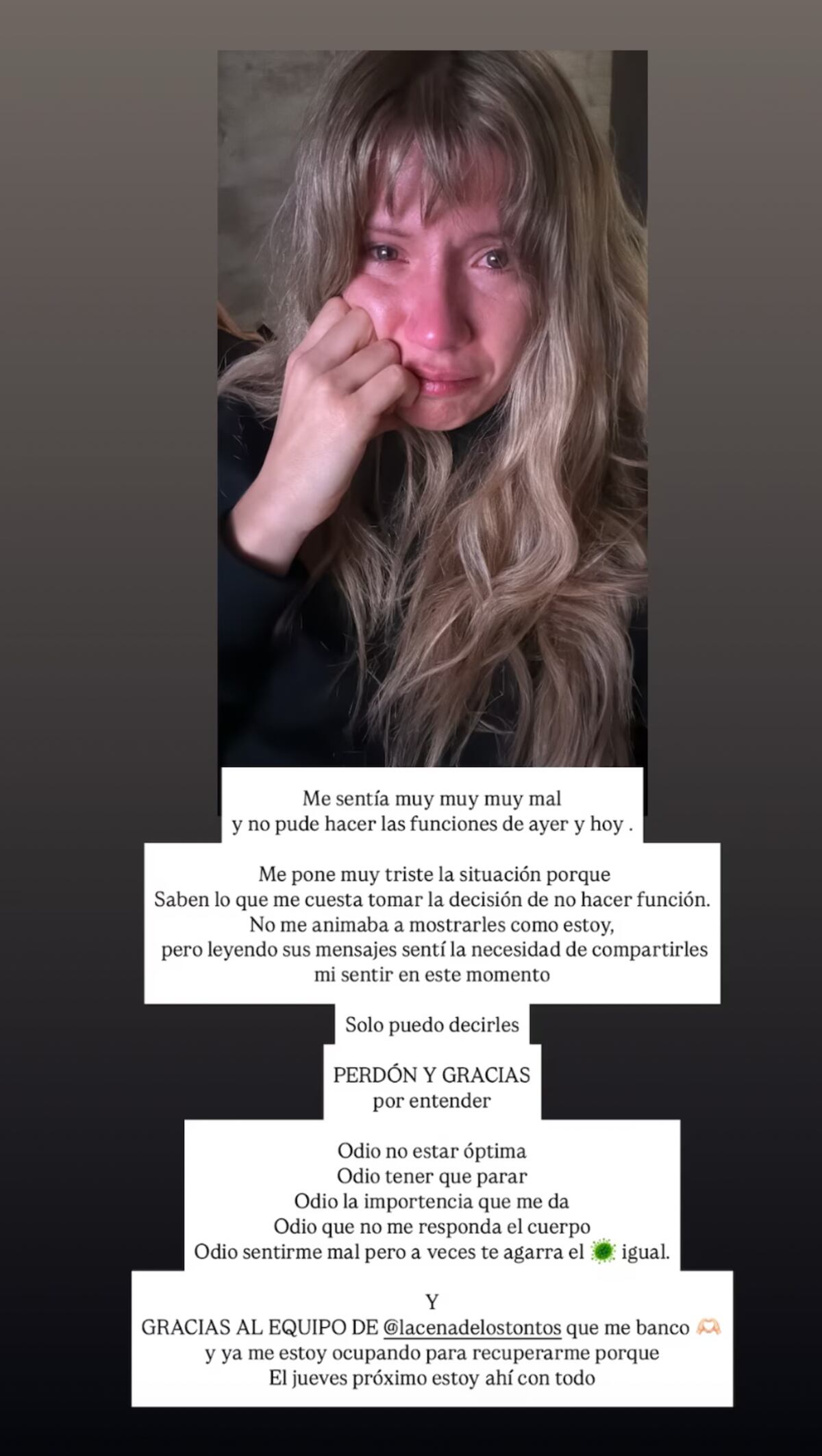 La historia que subió Laurita Fernández a su Instagram para explicar su ausencia en "La cena de los tonto". (Foto: captura de pantalla)