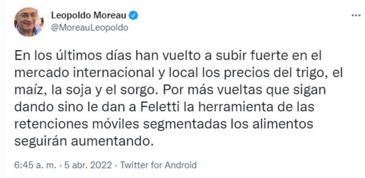 Tuit de Leopoldo Moreau sobre retenciones móviles