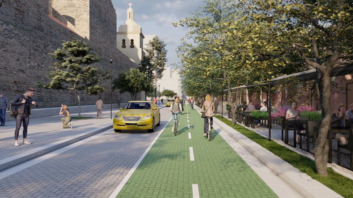 Render de la intervención en calle 27 de Abril - San Jerónimo, que implica la ampliación de la vereda, la consolidación de la ciclovía y la reducción de la calzada para autos (Municipalidad de Córdoba).