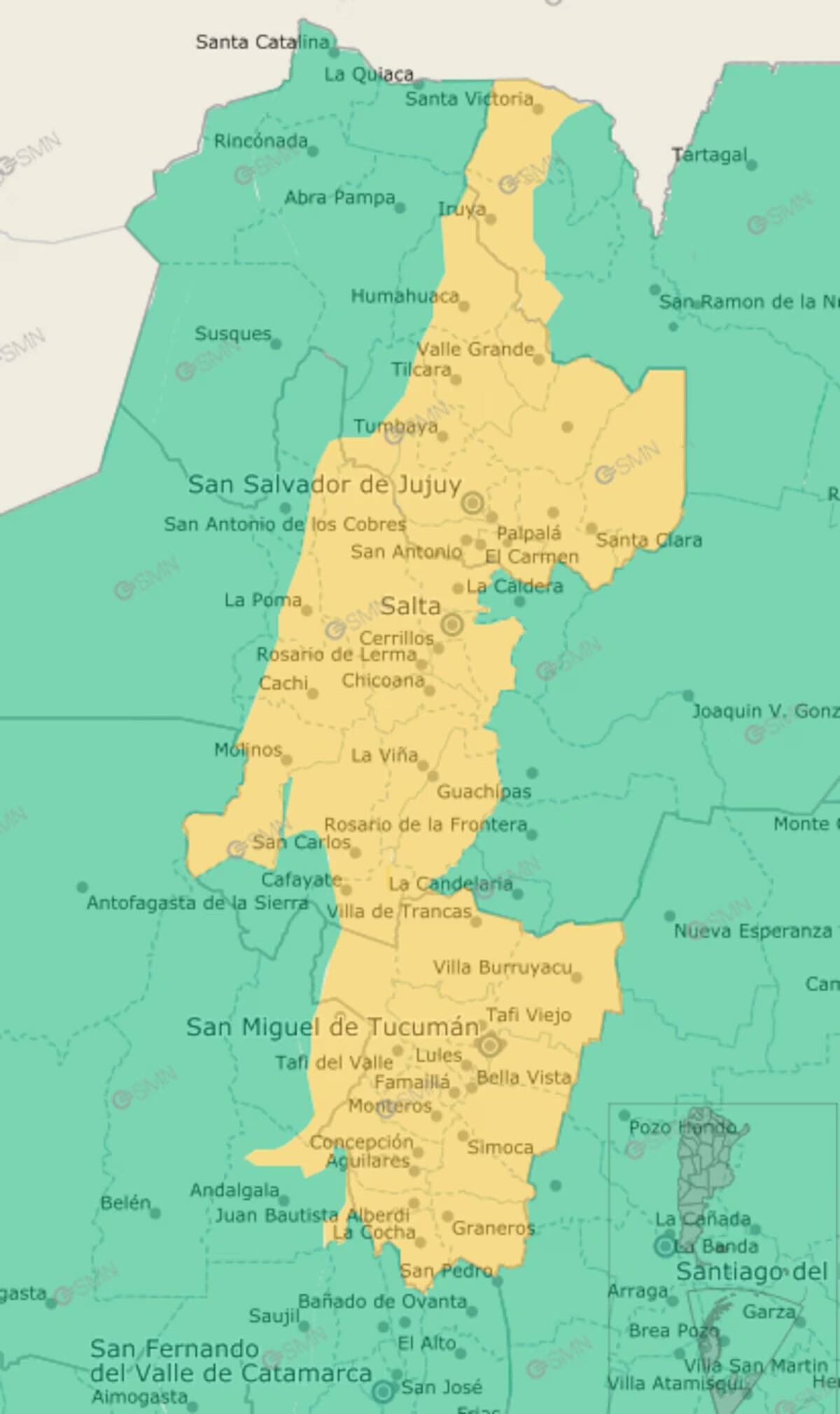 Las zonas abarcadas por la alerta por tormentas del SMN.