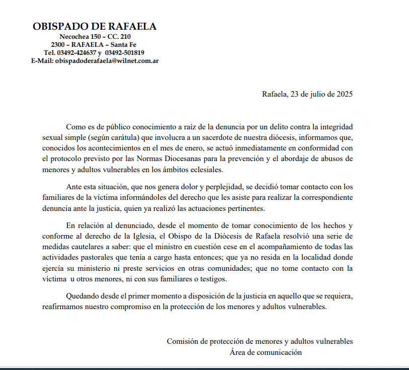 Comunicado del obispado de Rafaela tras la sentencia del sacerdote a tres años de prisión por abuso sexual.