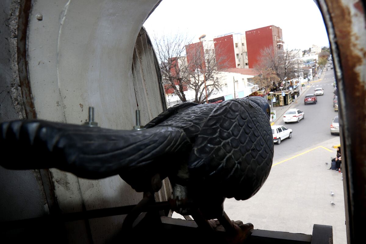 El reloj Cucú de Carlos Paz cumple 65 años. Desde adentro, el pájaro y la ciudad de fondo. (La Voz)