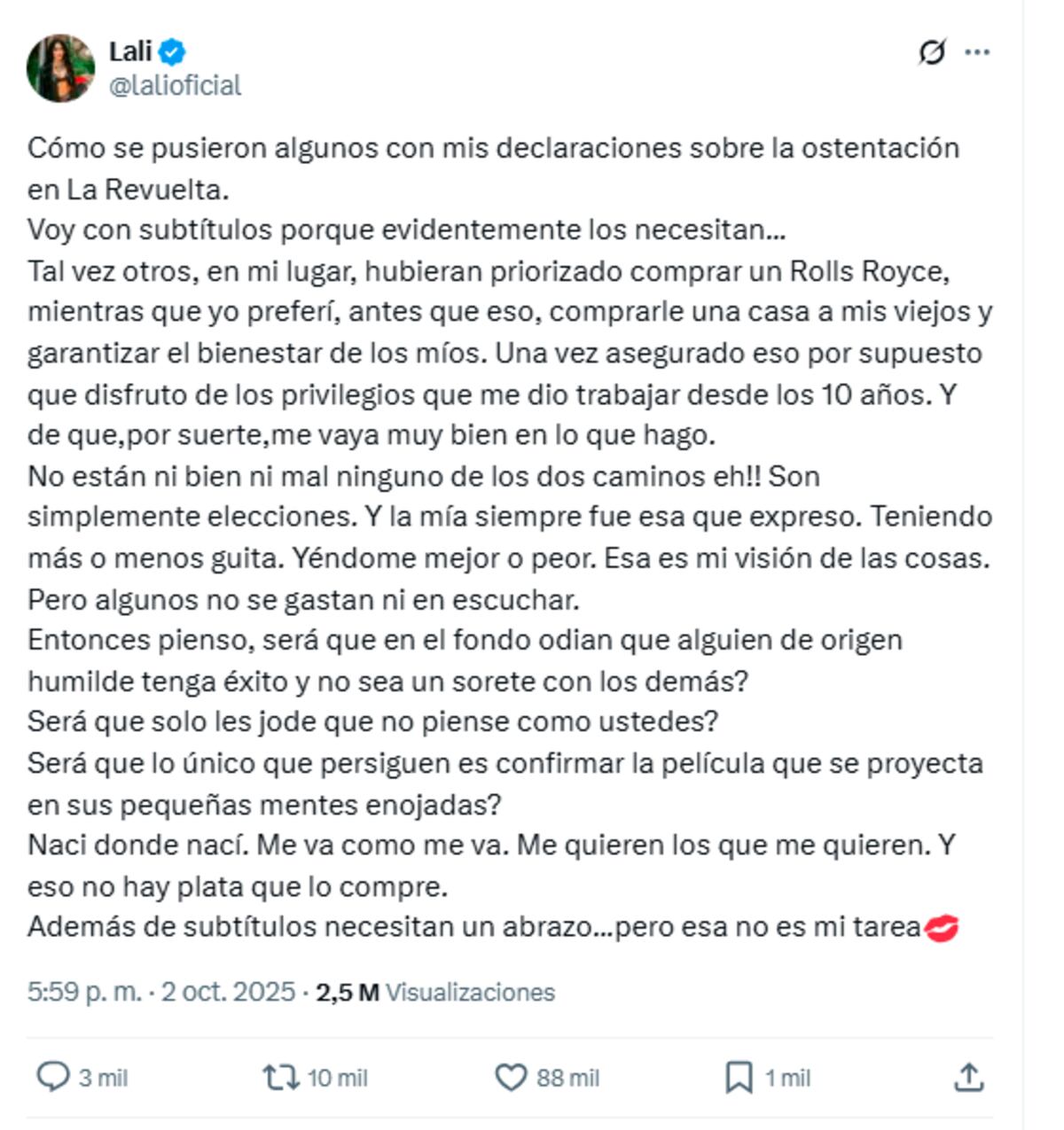 El descargo de Lali en X. Foto: captura pantalla.