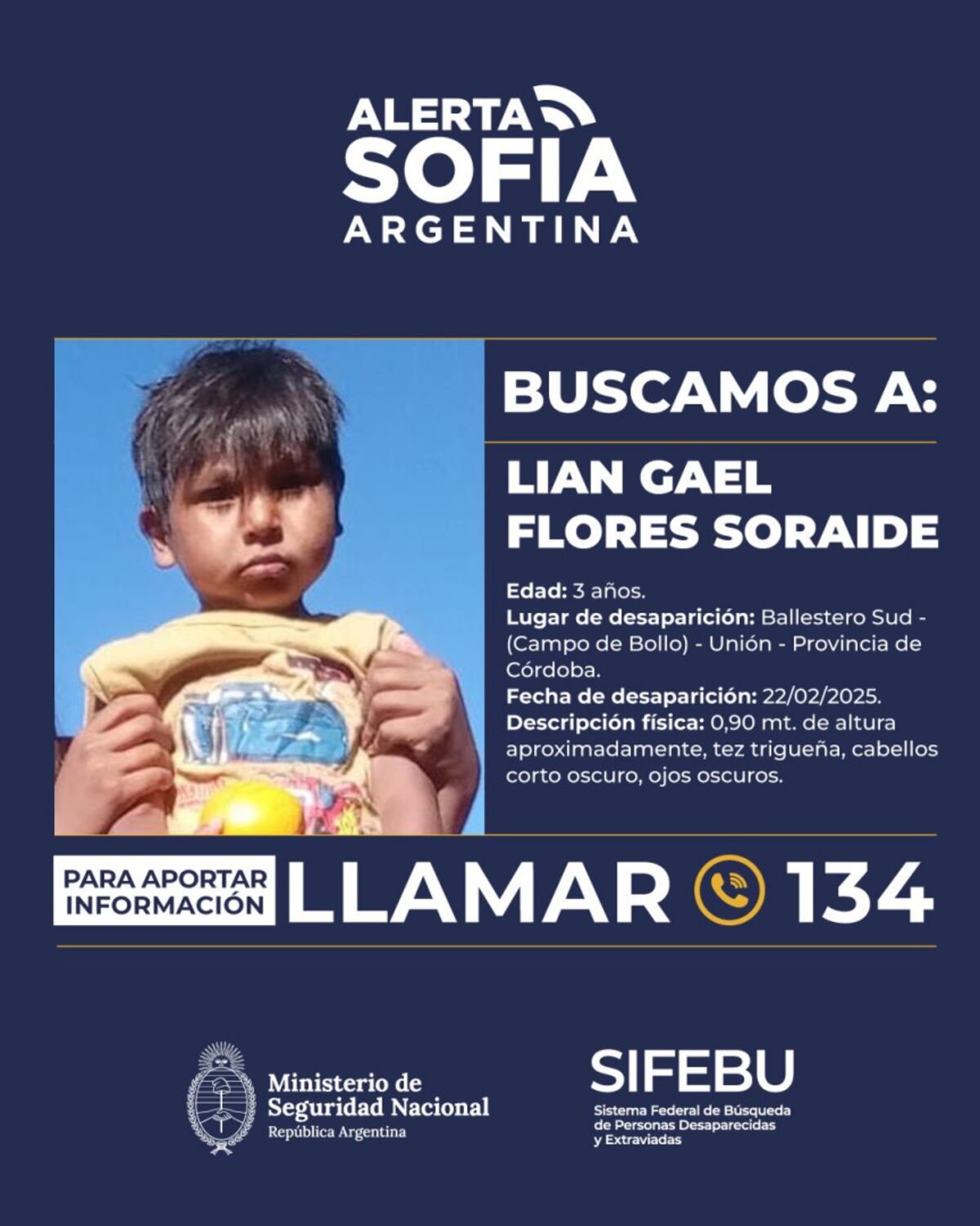 Alerta Sofía por Liam Gael Flores Soraire, el nene desaparecido en Córdoba.