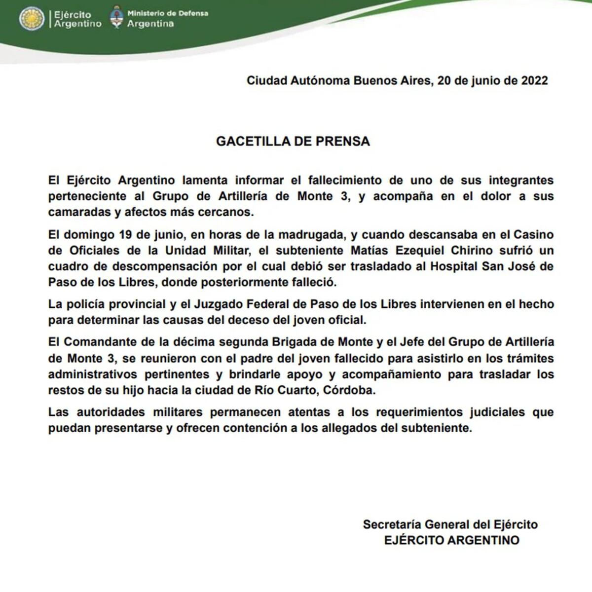 El comunicado del Ejército Argentino.